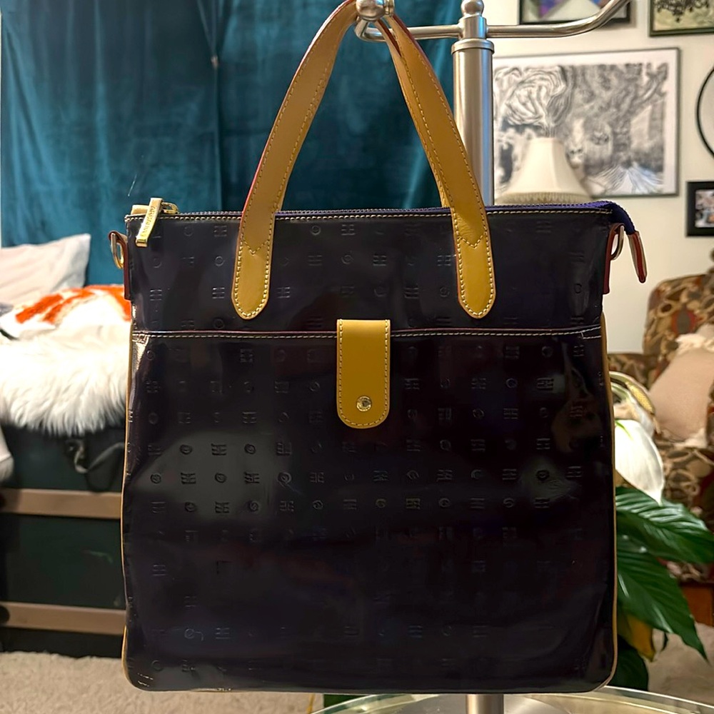 Arcadia Glossy Navy and Tan Shoulder Bag